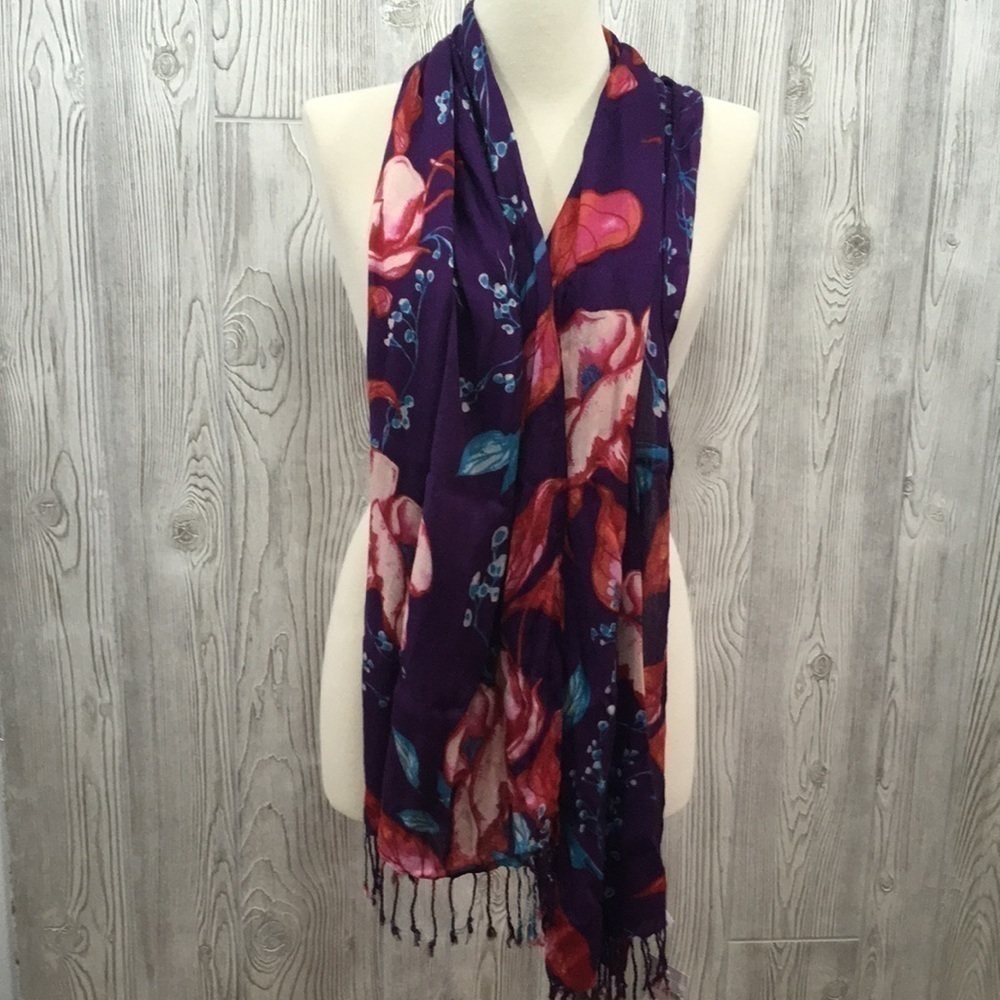 NWT Liz Claiborne Purple Floral Fringed Scarf Boho Wrap 70”x20”